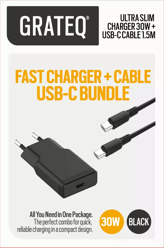 GRATEQ RAKKA LATURI 30W + KAAPELI 1.5M MUSTA - Kaapelit ja adapterit - 6438327820300 - 1