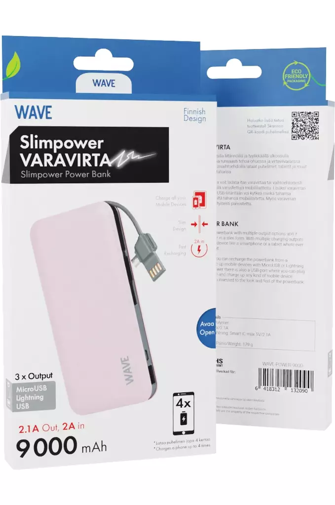 WAVE SLIMPOWER LISÄVIRTALATURI 9 000 mAh VAALEANPUNAINEN - Kaapelit ja laturit - 6418312132090 - 1
