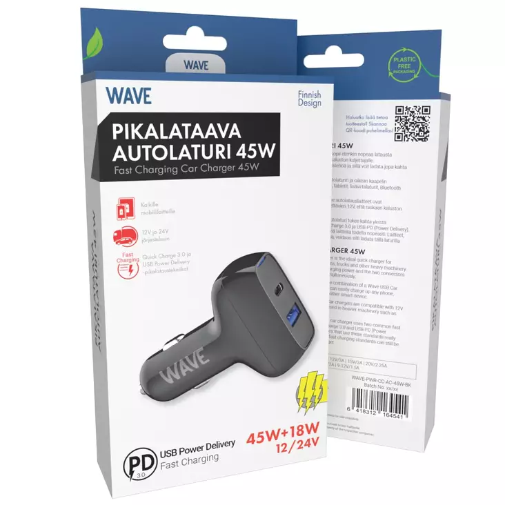 WAVE 45W PIKALATAAVA AUTOLATURI 1 X USB TYPE-C + 1 X USB-A (45W+18W) MUSTA - Kaapelit ja laturit - 6418312164541 - 1