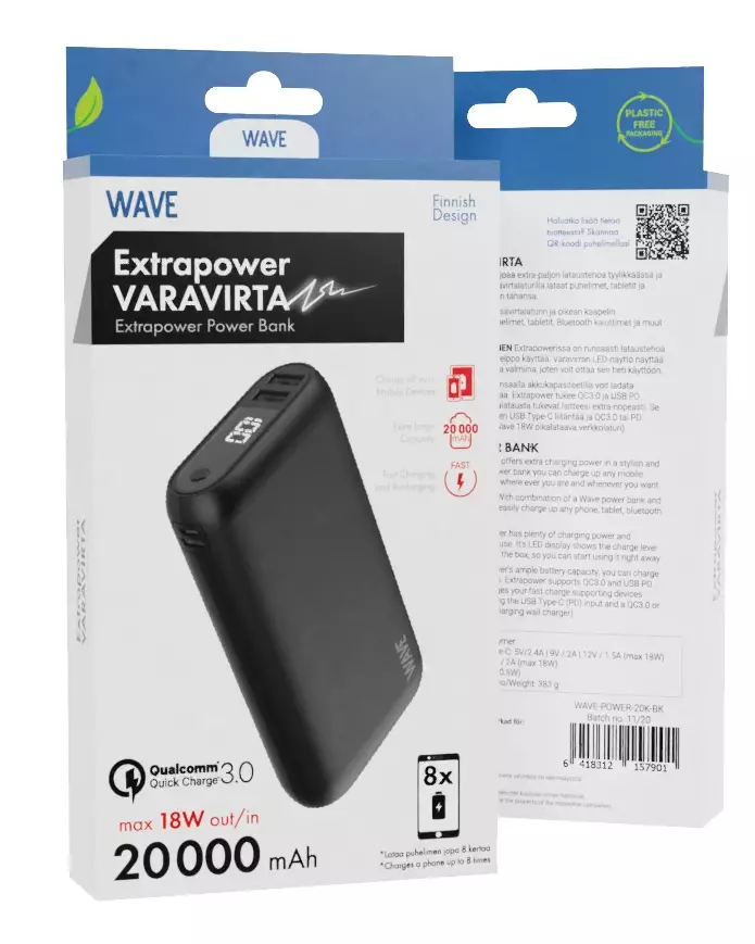 WAVE EXTRAPOWER LISÄVIRTALATURI 20 000 mAh MUSTA - Kaapelit ja laturit - 6418312157901 - 1