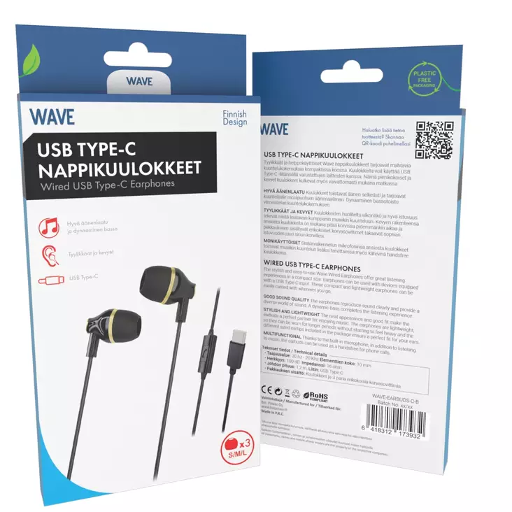 WAVE USB-C NAPPIKUULOKKEET MIKROFONILLA MUSTA/KULTA - Nappikuulokkeet - 6418312173932 - 1