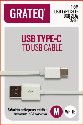 GRATEQ USB-A - USB-C KAAPELI 1.5M VALKOINEN - Kaapelit ja laturit - 6438327850512 - 2