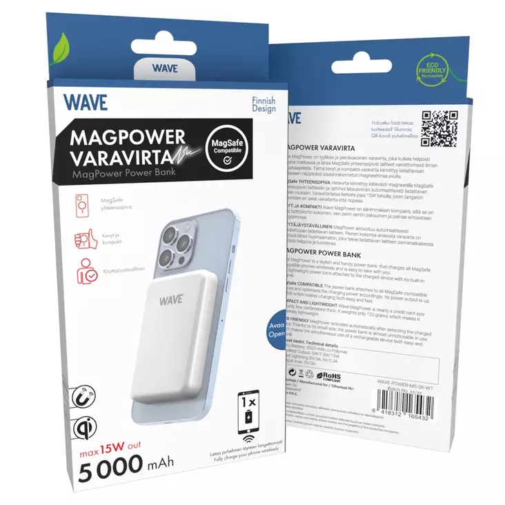 WAVE MAGPOWER LANGATON LISÄVIRTALATURI 5000 mAh VALKOINEN - Kaapelit ja laturit - 6418312165432 - 1