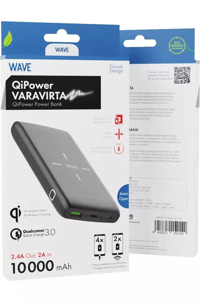 WAVE QIPOWER VARAVIRTALÄHDE 10 000 mAh MUSTA - Kaapelit ja laturit - 6418312152142 - 1