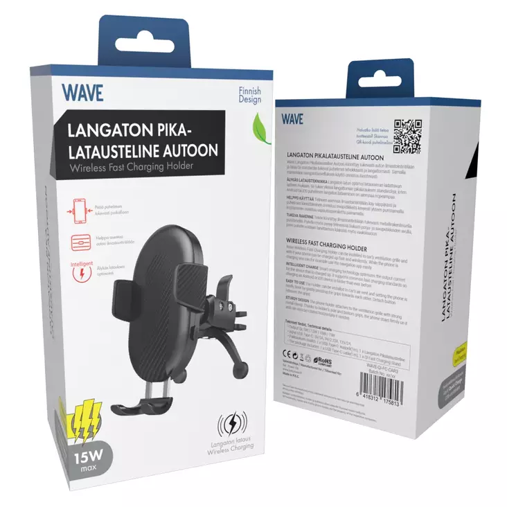 WAVE QI AUTOTELINE 15W LANGATON PIKALATAUS MUSTA - Kaapelit ja laturit - 6418312175813 - 1