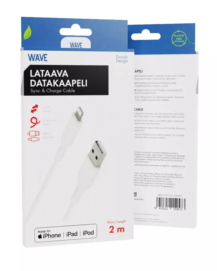 WAVE LATAAVA DATAKAAPELI APPLE LIGHTNING (MFI) 2M VALKOINEN - Kaapelit ja laturit - 6418312154573 - 1