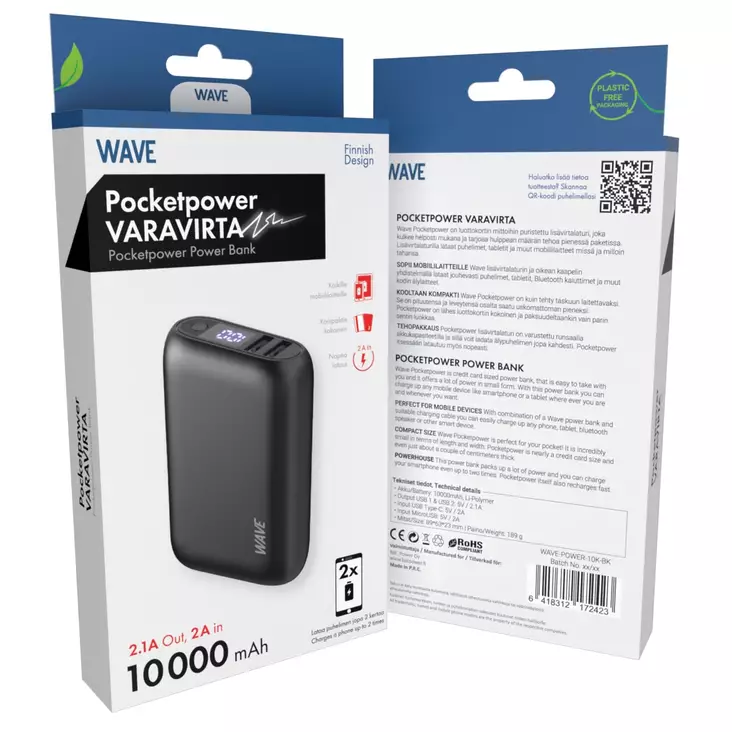 WAVE POCKETPOWER 10000MAH LISÄVIRTA MUSTA - Kaapelit ja laturit - 6418312172423 - 1