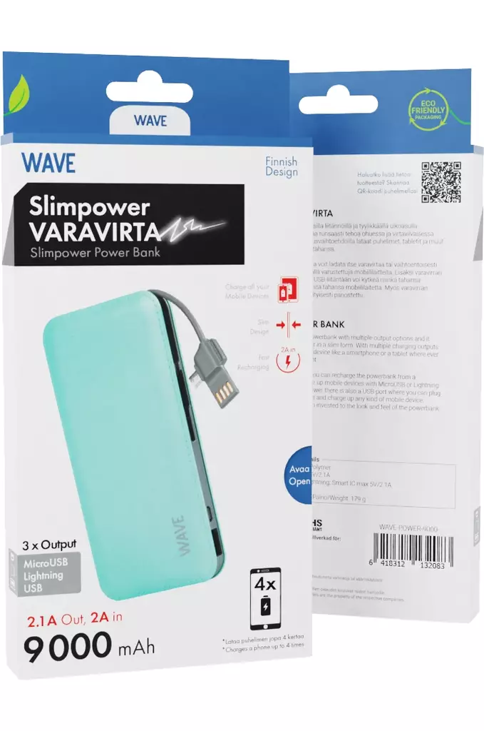 WAVE SLIMPOWER LISÄVIRTALATURI 9 000 mAh TURKOOSI - Kaapelit ja laturit - 6418312132083 - 1