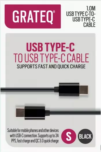 GRATEQ USB-C - USB-C KAAPELI QUICK 1M MUSTA - Kaapelit ja adapterit - 6438327850604 - 1