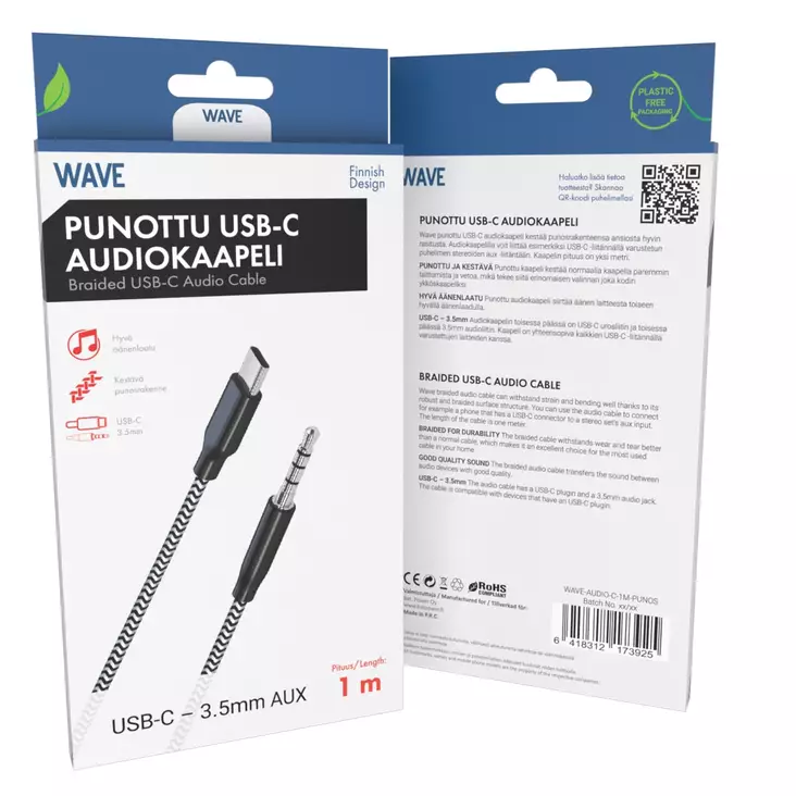 WAVE PUNOTTU AUDIOKAAPELI USB TYPE-C 3,5MM 1M MUSTAVALKOINEN - Kaapelit ja laturit - 6418312173925 - 1