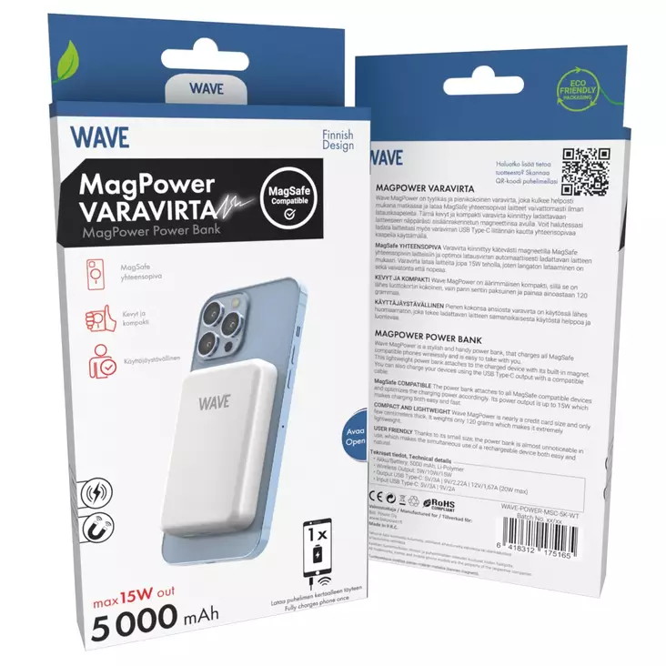 WAVE MAGPOWER LISÄVIRTA 5000MAH VALKOINEN - Kaapelit ja laturit - 6418312175165 - 1