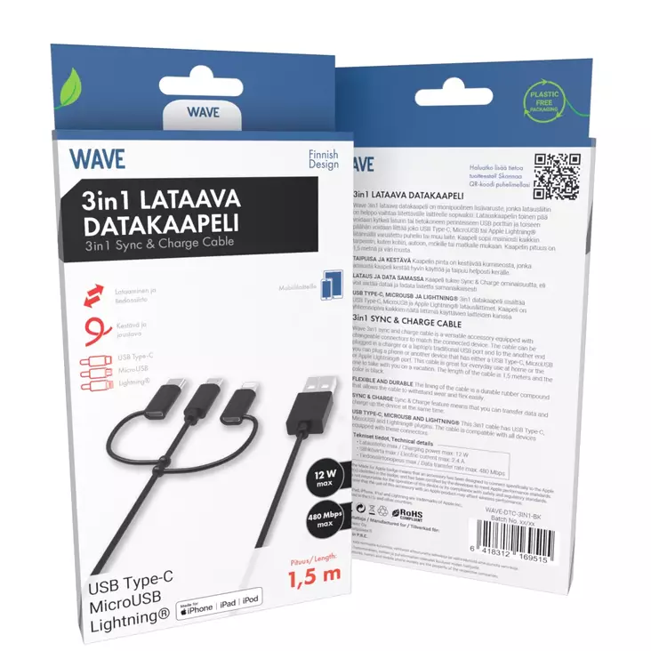 WAVE 3IN1 LATAAVA DATAKAAPELI 1.5M - Kaapelit ja laturit - 6418312169515 - 1