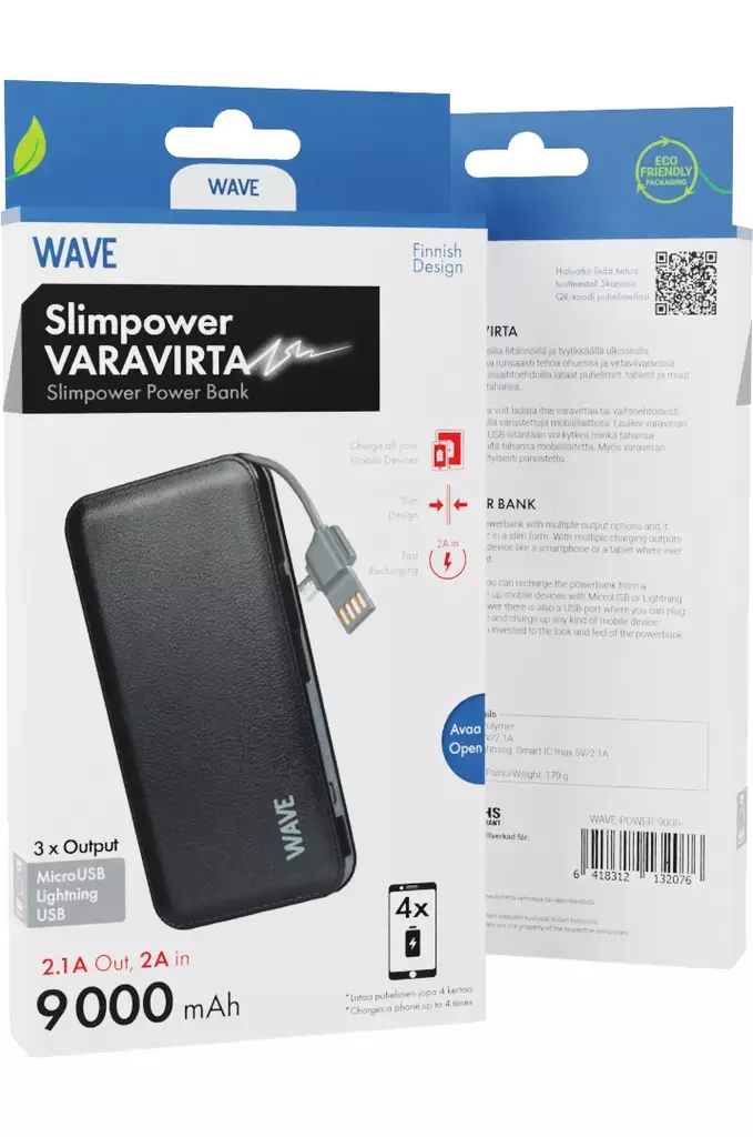 WAVE SLIMPOWER LISÄVIRTALATURI 9 000 mAh MUSTA - Kaapelit ja laturit - 6418312132076 - 1