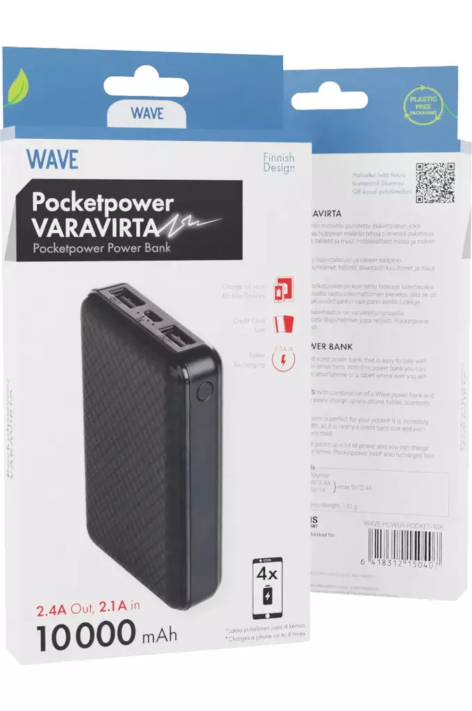 WAVE POCKETPOWER LISÄVIRTALATURI 10 000 mAh MUSTA - Kaapelit ja laturit - 6418312150407 - 1